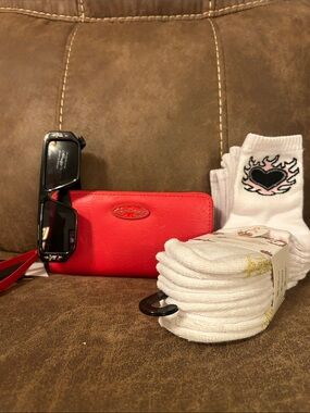 Red embossed wristlet wallet with black sunglasses and new 5 pack of socks 🧦